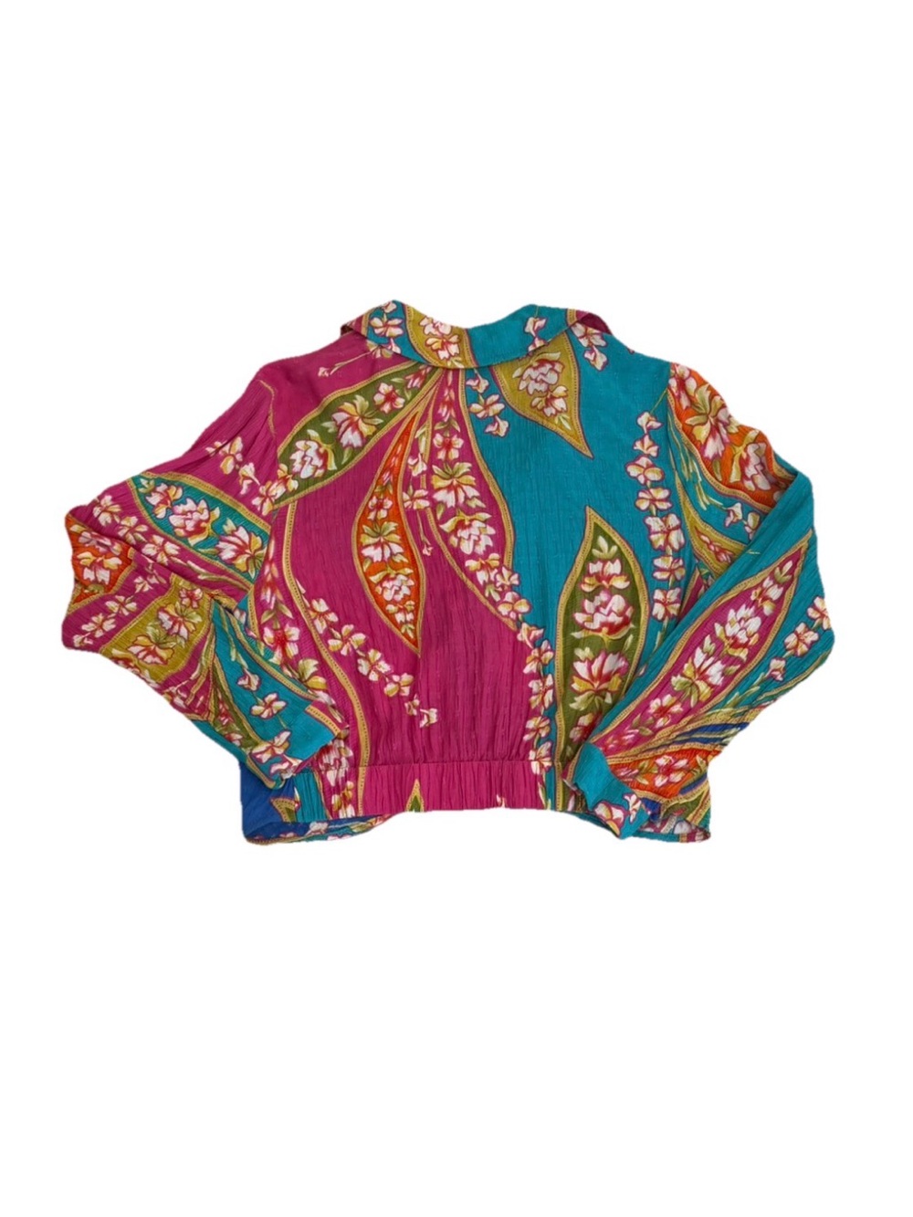 Haute Hippie Turquoise Floral Surplice Blouse with Pink Accents - Picture 6 of 8